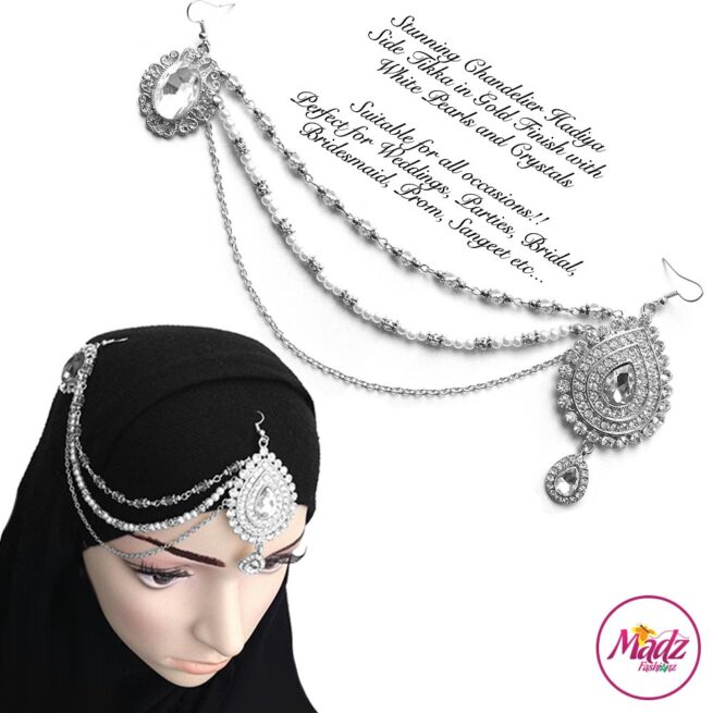 Madz Fashionz UK: Hadiya Silver White Pearl Bridal Side Tikka Headpiece