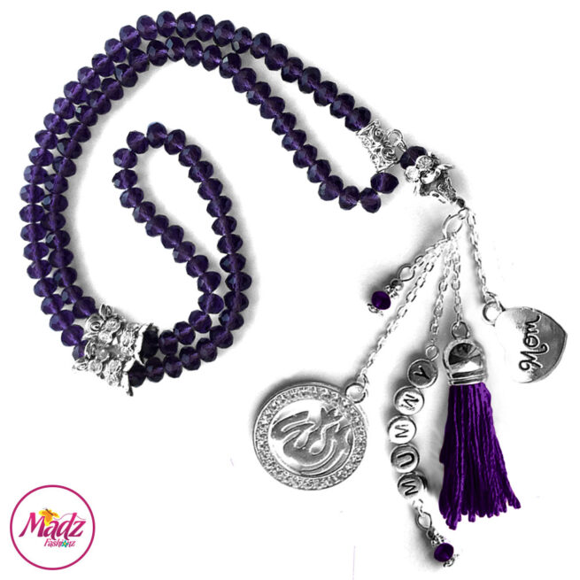 Madz Fashionz UK: 99 Beads Personalised Tasbeeh with Purple Crystals in Silver Finish 1