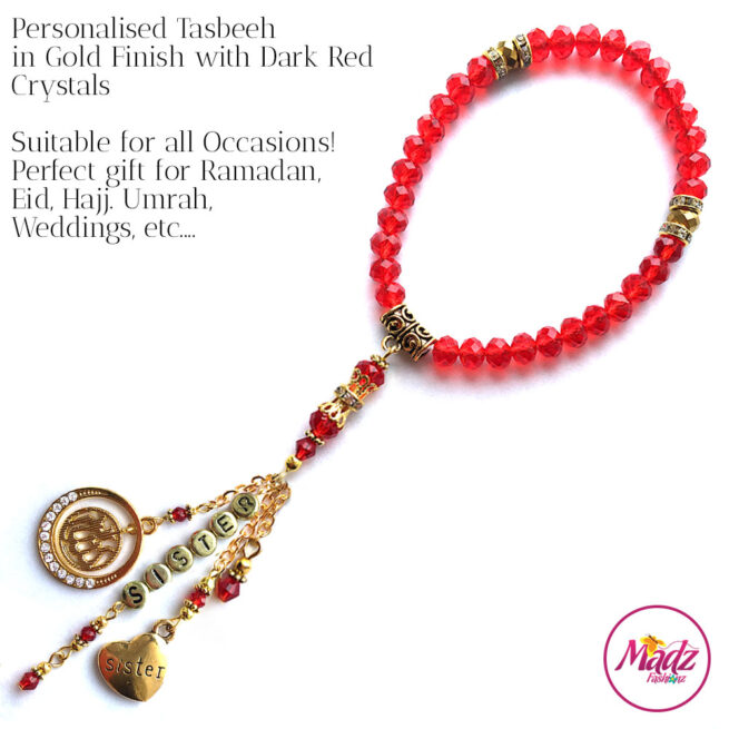 Madz Fashionz UK: 33 Beads Personalised Tasbeeh with Red Crystals in Gold Finish